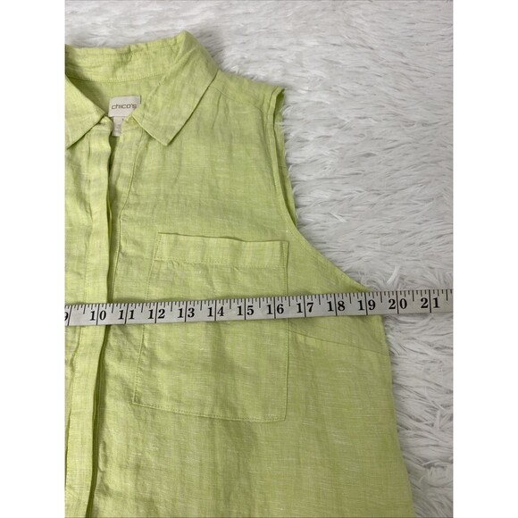 Chico's Button Up Tunic Shirt Size 1 Green 100% Linen Sleeveless Longline Slit - Picture 8 of 12